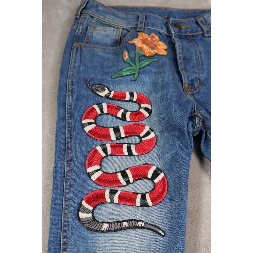 Gucci Snake Flower Embroidered Straight Leg Jeans Medium Wash Blue Denim Womens
